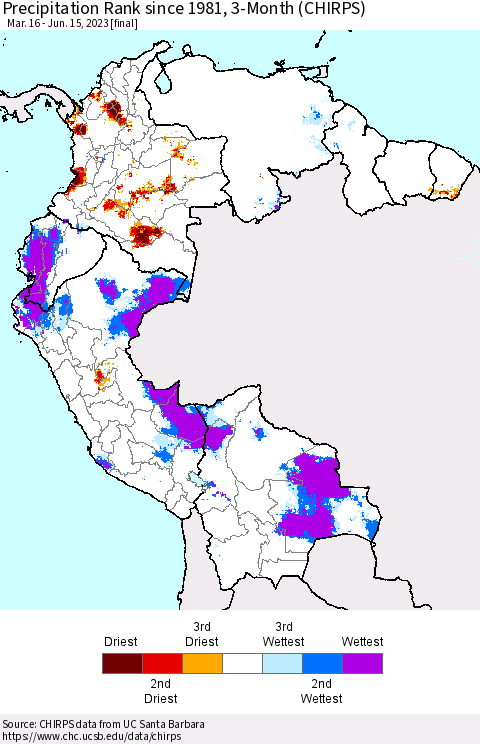 Northern South America Precipitation Rank since 1981, 3-Month (CHIRPS) Thematic Map For 3/16/2023 - 6/15/2023
