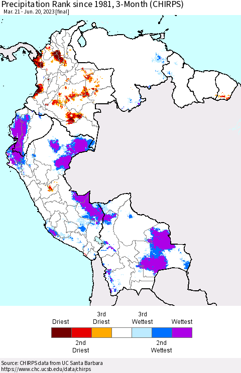 Northern South America Precipitation Rank since 1981, 3-Month (CHIRPS) Thematic Map For 3/21/2023 - 6/20/2023
