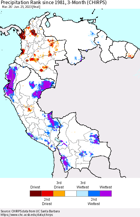 Northern South America Precipitation Rank since 1981, 3-Month (CHIRPS) Thematic Map For 3/26/2023 - 6/25/2023