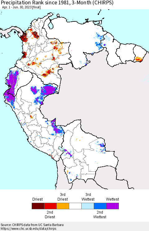 Northern South America Precipitation Rank since 1981, 3-Month (CHIRPS) Thematic Map For 4/1/2023 - 6/30/2023