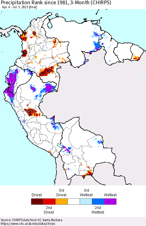 Northern South America Precipitation Rank since 1981, 3-Month (CHIRPS) Thematic Map For 4/6/2023 - 7/5/2023