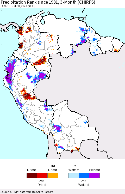 Northern South America Precipitation Rank since 1981, 3-Month (CHIRPS) Thematic Map For 4/11/2023 - 7/10/2023