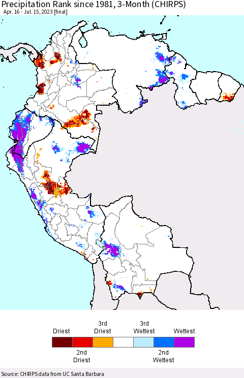 Northern South America Precipitation Rank since 1981, 3-Month (CHIRPS) Thematic Map For 4/16/2023 - 7/15/2023