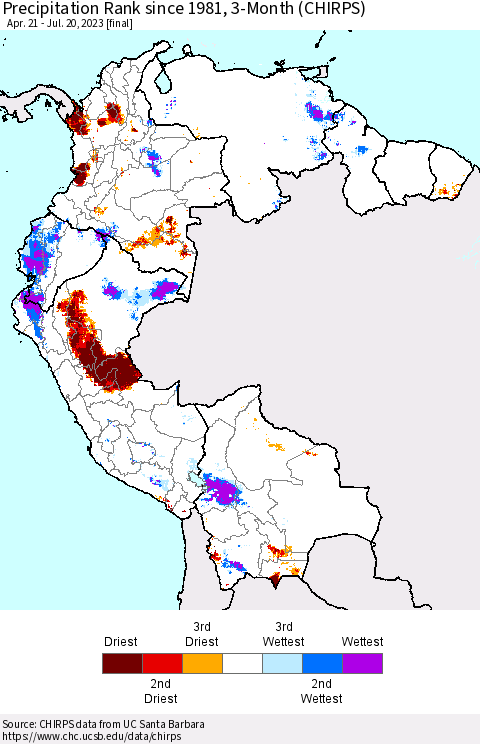 Northern South America Precipitation Rank since 1981, 3-Month (CHIRPS) Thematic Map For 4/21/2023 - 7/20/2023