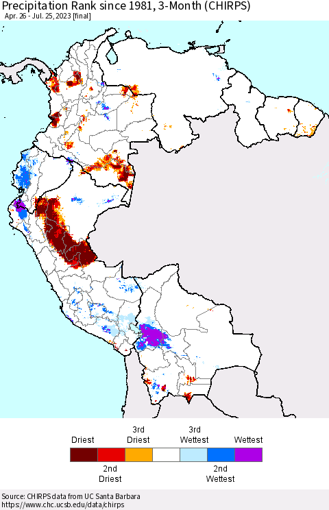 Northern South America Precipitation Rank since 1981, 3-Month (CHIRPS) Thematic Map For 4/26/2023 - 7/25/2023