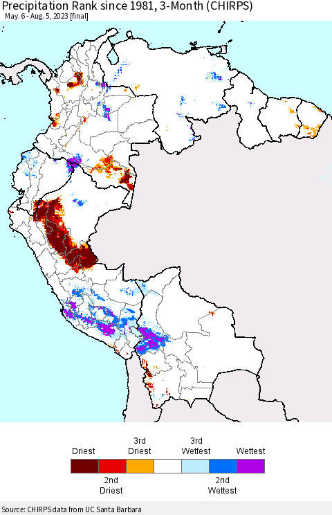 Northern South America Precipitation Rank since 1981, 3-Month (CHIRPS) Thematic Map For 5/6/2023 - 8/5/2023
