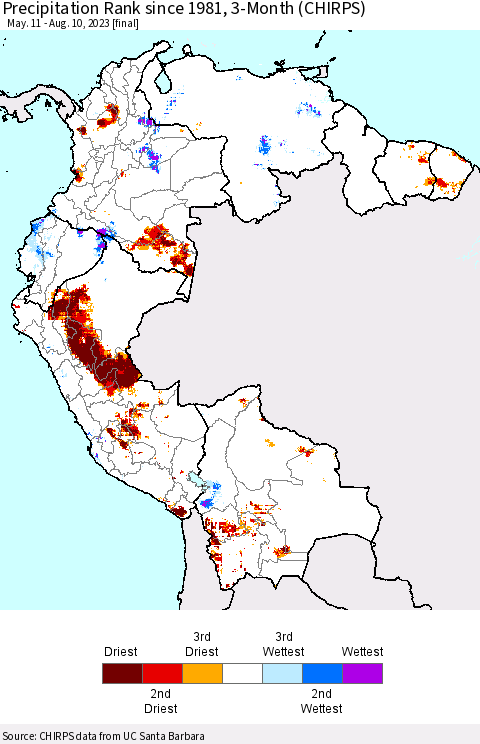 Northern South America Precipitation Rank since 1981, 3-Month (CHIRPS) Thematic Map For 5/11/2023 - 8/10/2023