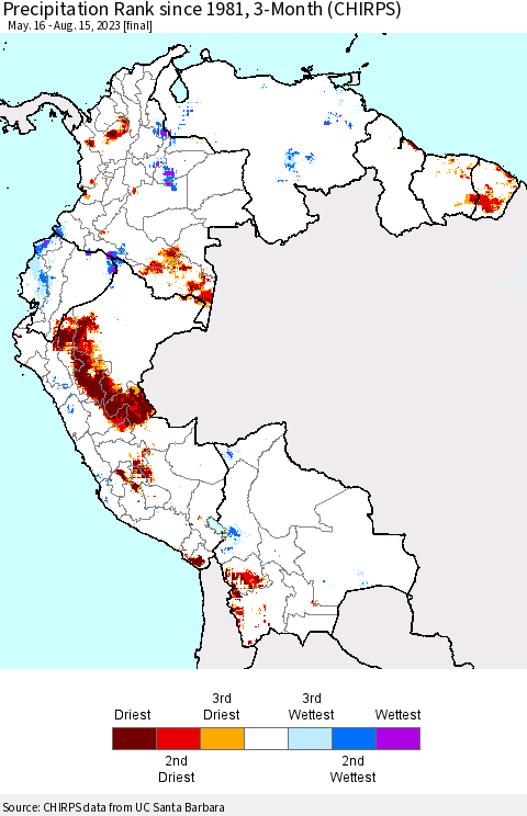 Northern South America Precipitation Rank since 1981, 3-Month (CHIRPS) Thematic Map For 5/16/2023 - 8/15/2023