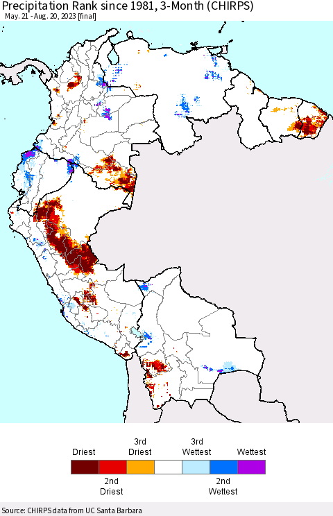 Northern South America Precipitation Rank since 1981, 3-Month (CHIRPS) Thematic Map For 5/21/2023 - 8/20/2023