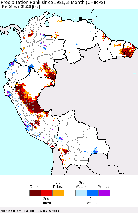 Northern South America Precipitation Rank since 1981, 3-Month (CHIRPS) Thematic Map For 5/26/2023 - 8/25/2023