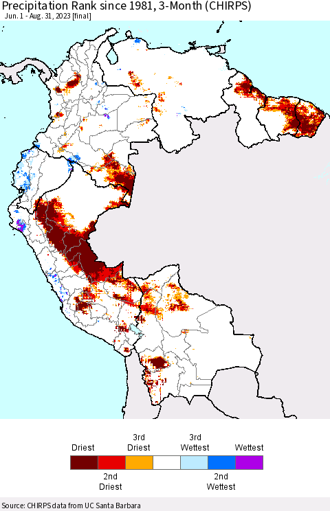 Northern South America Precipitation Rank since 1981, 3-Month (CHIRPS) Thematic Map For 6/1/2023 - 8/31/2023