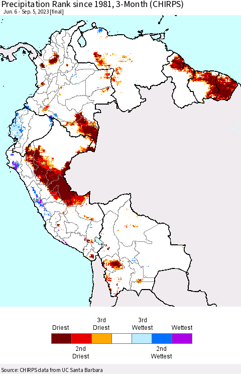 Northern South America Precipitation Rank since 1981, 3-Month (CHIRPS) Thematic Map For 6/6/2023 - 9/5/2023