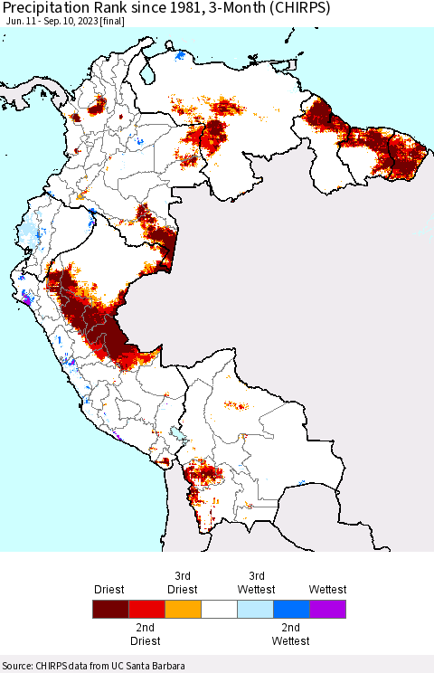 Northern South America Precipitation Rank since 1981, 3-Month (CHIRPS) Thematic Map For 6/11/2023 - 9/10/2023