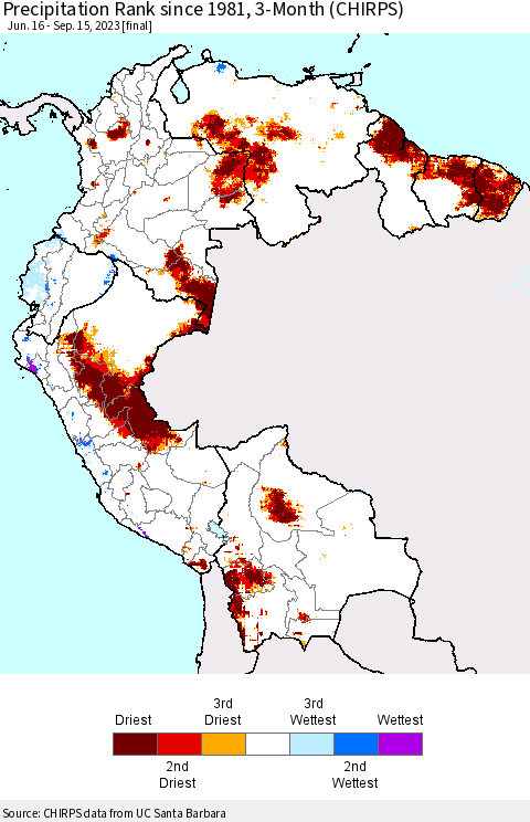 Northern South America Precipitation Rank since 1981, 3-Month (CHIRPS) Thematic Map For 6/16/2023 - 9/15/2023