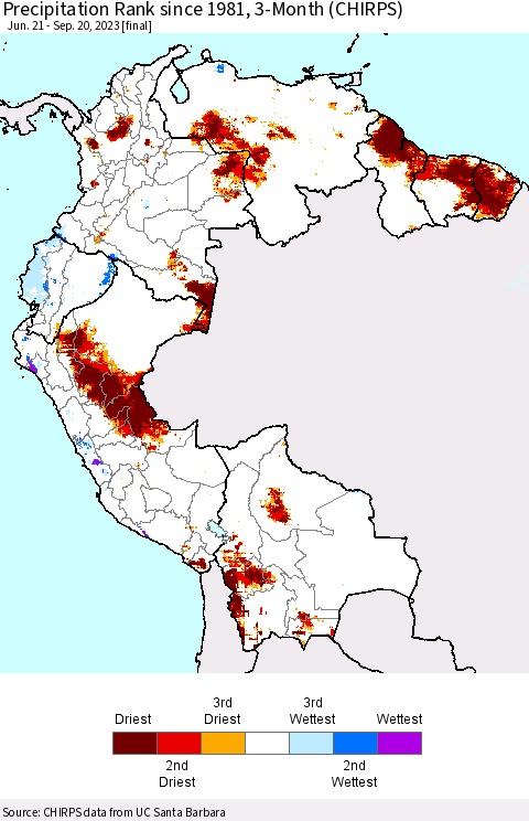 Northern South America Precipitation Rank since 1981, 3-Month (CHIRPS) Thematic Map For 6/21/2023 - 9/20/2023