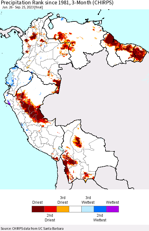 Northern South America Precipitation Rank since 1981, 3-Month (CHIRPS) Thematic Map For 6/26/2023 - 9/25/2023