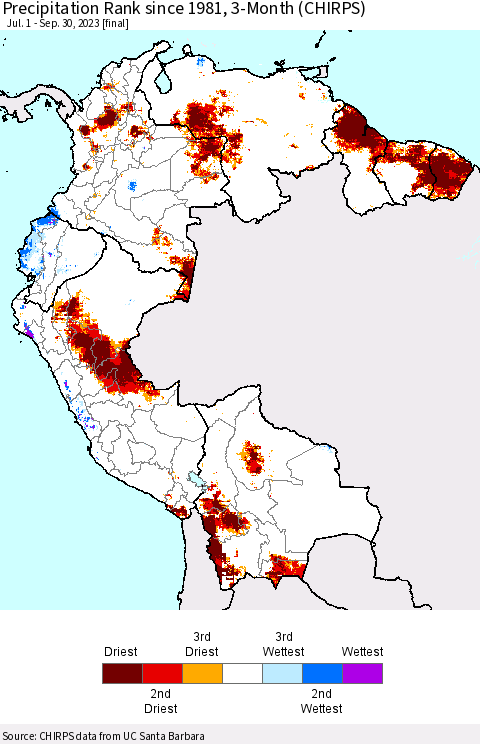 Northern South America Precipitation Rank since 1981, 3-Month (CHIRPS) Thematic Map For 7/1/2023 - 9/30/2023