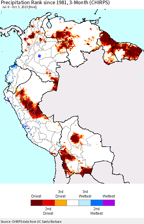 Northern South America Precipitation Rank since 1981, 3-Month (CHIRPS) Thematic Map For 7/6/2023 - 10/5/2023