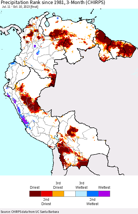 Northern South America Precipitation Rank since 1981, 3-Month (CHIRPS) Thematic Map For 7/11/2023 - 10/10/2023