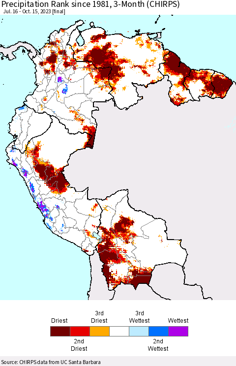 Northern South America Precipitation Rank since 1981, 3-Month (CHIRPS) Thematic Map For 7/16/2023 - 10/15/2023