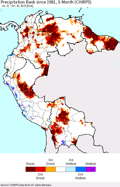 Northern South America Precipitation Rank since 1981, 3-Month (CHIRPS) Thematic Map For 7/21/2023 - 10/20/2023