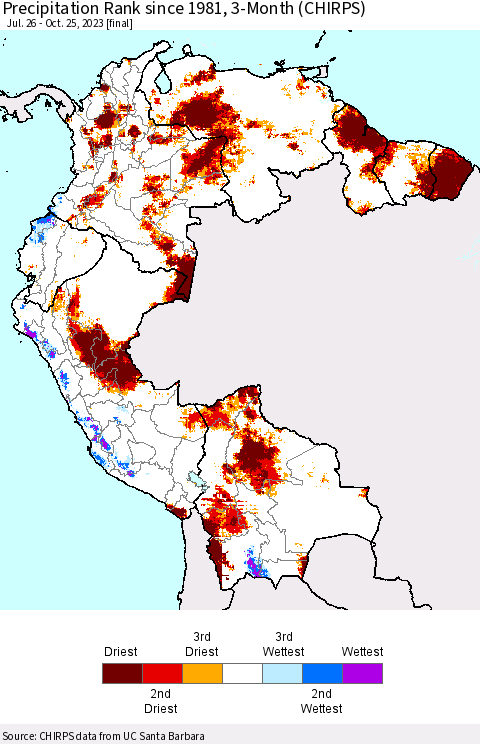 Northern South America Precipitation Rank since 1981, 3-Month (CHIRPS) Thematic Map For 7/26/2023 - 10/25/2023