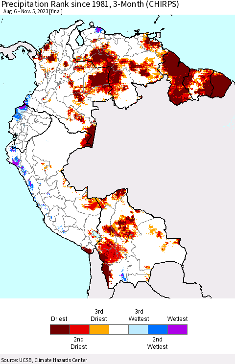 Northern South America Precipitation Rank since 1981, 3-Month (CHIRPS) Thematic Map For 8/6/2023 - 11/5/2023