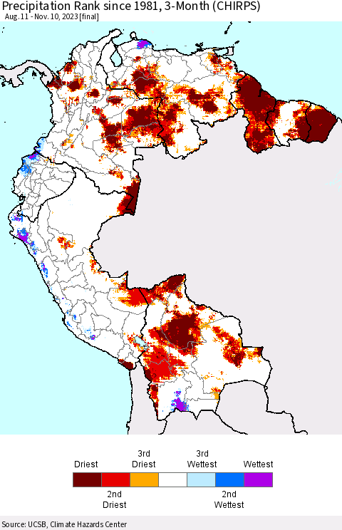 Northern South America Precipitation Rank since 1981, 3-Month (CHIRPS) Thematic Map For 8/11/2023 - 11/10/2023