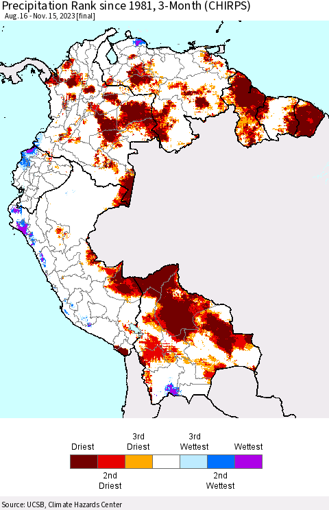 Northern South America Precipitation Rank since 1981, 3-Month (CHIRPS) Thematic Map For 8/16/2023 - 11/15/2023
