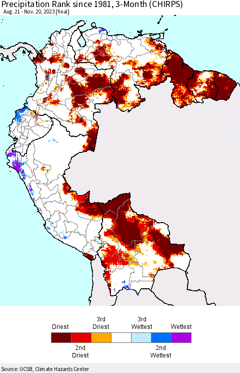 Northern South America Precipitation Rank since 1981, 3-Month (CHIRPS) Thematic Map For 8/21/2023 - 11/20/2023