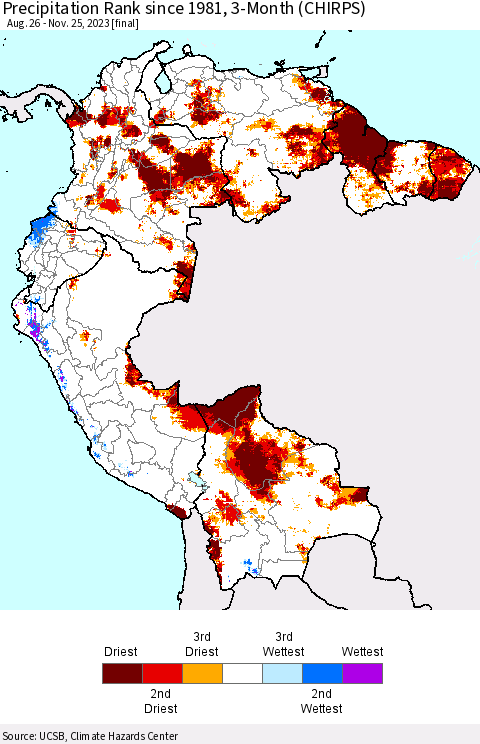 Northern South America Precipitation Rank since 1981, 3-Month (CHIRPS) Thematic Map For 8/26/2023 - 11/25/2023