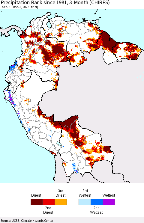 Northern South America Precipitation Rank since 1981, 3-Month (CHIRPS) Thematic Map For 9/6/2023 - 12/5/2023