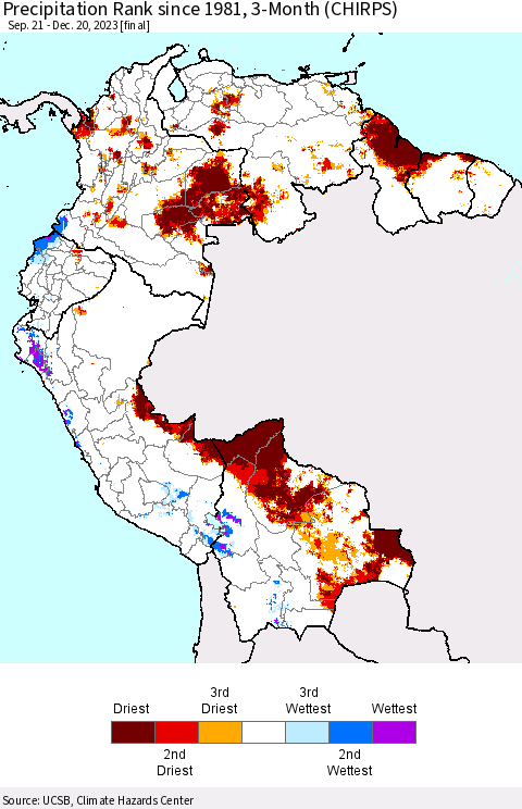 Northern South America Precipitation Rank since 1981, 3-Month (CHIRPS) Thematic Map For 9/21/2023 - 12/20/2023