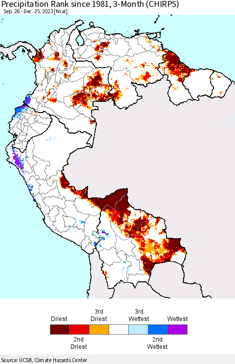 Northern South America Precipitation Rank since 1981, 3-Month (CHIRPS) Thematic Map For 9/26/2023 - 12/25/2023
