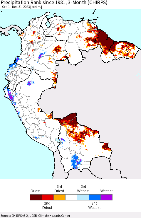 Northern South America Precipitation Rank since 1981, 3-Month (CHIRPS) Thematic Map For 10/1/2023 - 12/31/2023