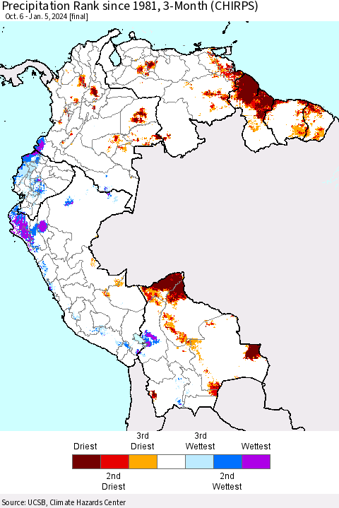 Northern South America Precipitation Rank since 1981, 3-Month (CHIRPS) Thematic Map For 10/6/2023 - 1/5/2024