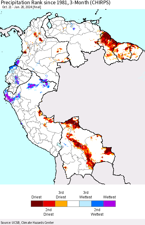 Northern South America Precipitation Rank since 1981, 3-Month (CHIRPS) Thematic Map For 10/21/2023 - 1/20/2024