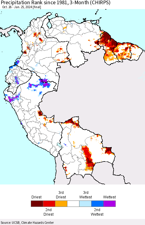 Northern South America Precipitation Rank since 1981, 3-Month (CHIRPS) Thematic Map For 10/26/2023 - 1/25/2024