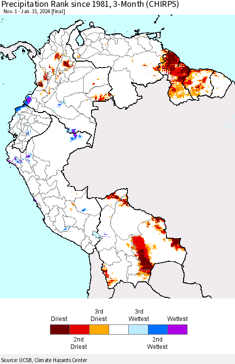 Northern South America Precipitation Rank since 1981, 3-Month (CHIRPS) Thematic Map For 11/1/2023 - 1/31/2024