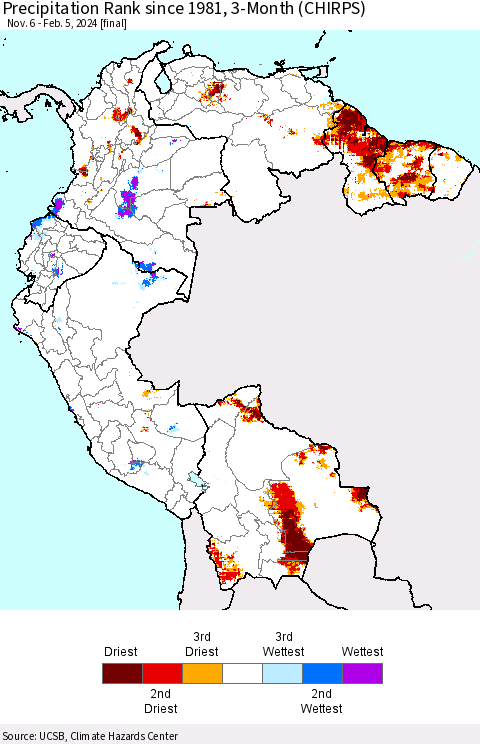Northern South America Precipitation Rank since 1981, 3-Month (CHIRPS) Thematic Map For 11/6/2023 - 2/5/2024