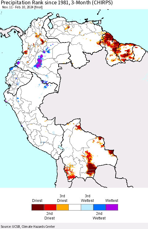 Northern South America Precipitation Rank since 1981, 3-Month (CHIRPS) Thematic Map For 11/11/2023 - 2/10/2024