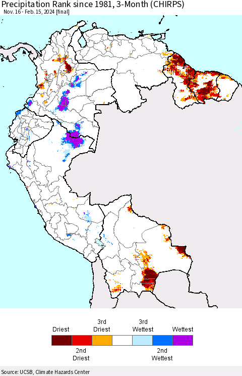 Northern South America Precipitation Rank since 1981, 3-Month (CHIRPS) Thematic Map For 11/16/2023 - 2/15/2024