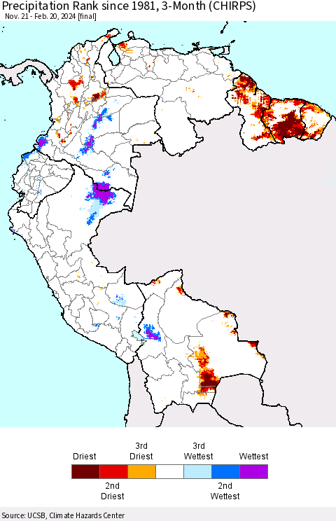 Northern South America Precipitation Rank since 1981, 3-Month (CHIRPS) Thematic Map For 11/21/2023 - 2/20/2024