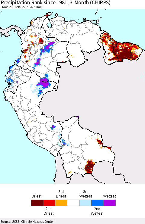 Northern South America Precipitation Rank since 1981, 3-Month (CHIRPS) Thematic Map For 11/26/2023 - 2/25/2024