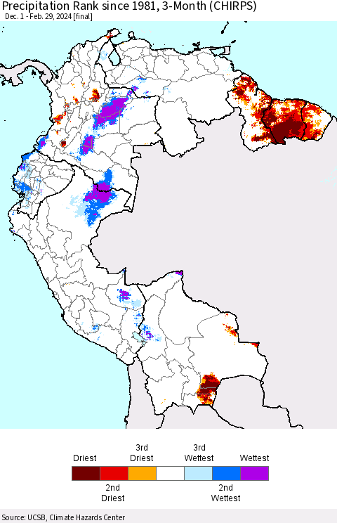 Northern South America Precipitation Rank since 1981, 3-Month (CHIRPS) Thematic Map For 12/1/2023 - 2/29/2024