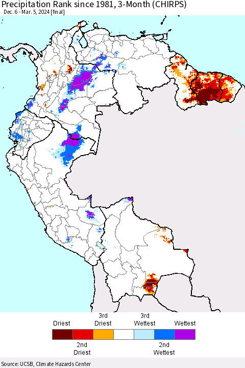 Northern South America Precipitation Rank since 1981, 3-Month (CHIRPS) Thematic Map For 12/6/2023 - 3/5/2024