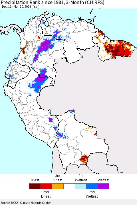 Northern South America Precipitation Rank since 1981, 3-Month (CHIRPS) Thematic Map For 12/11/2023 - 3/10/2024