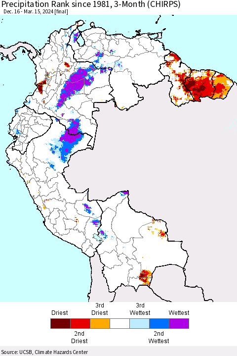 Northern South America Precipitation Rank since 1981, 3-Month (CHIRPS) Thematic Map For 12/16/2023 - 3/15/2024