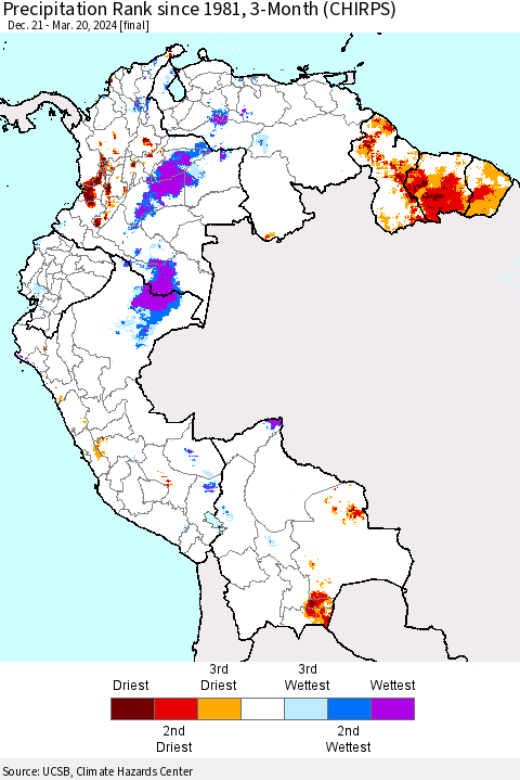 Northern South America Precipitation Rank since 1981, 3-Month (CHIRPS) Thematic Map For 12/21/2023 - 3/20/2024