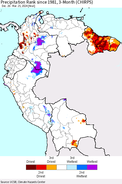 Northern South America Precipitation Rank since 1981, 3-Month (CHIRPS) Thematic Map For 12/26/2023 - 3/25/2024
